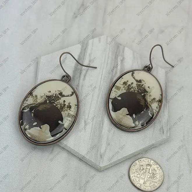 Bull Riding Oval Dangle Earrings