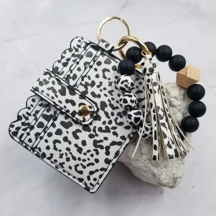 Card Holder & Key Chain Silicone Bead Bracelet~ White Leopard