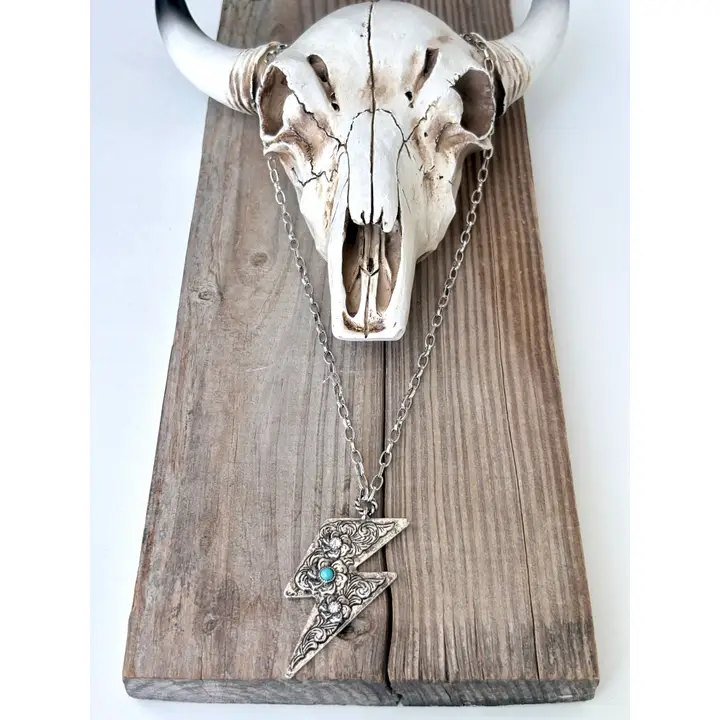 Floral Engraved Lightning Bolt Necklace