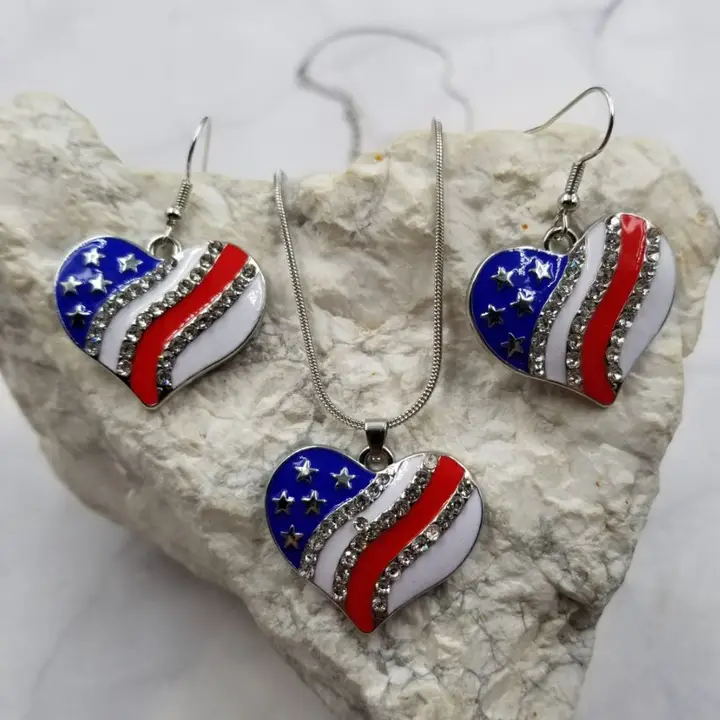 Patriotic Heart Necklace & Earring Set