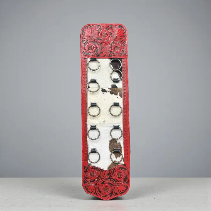 Tooled Leather & Cowhide Scarf Holder ~ Red