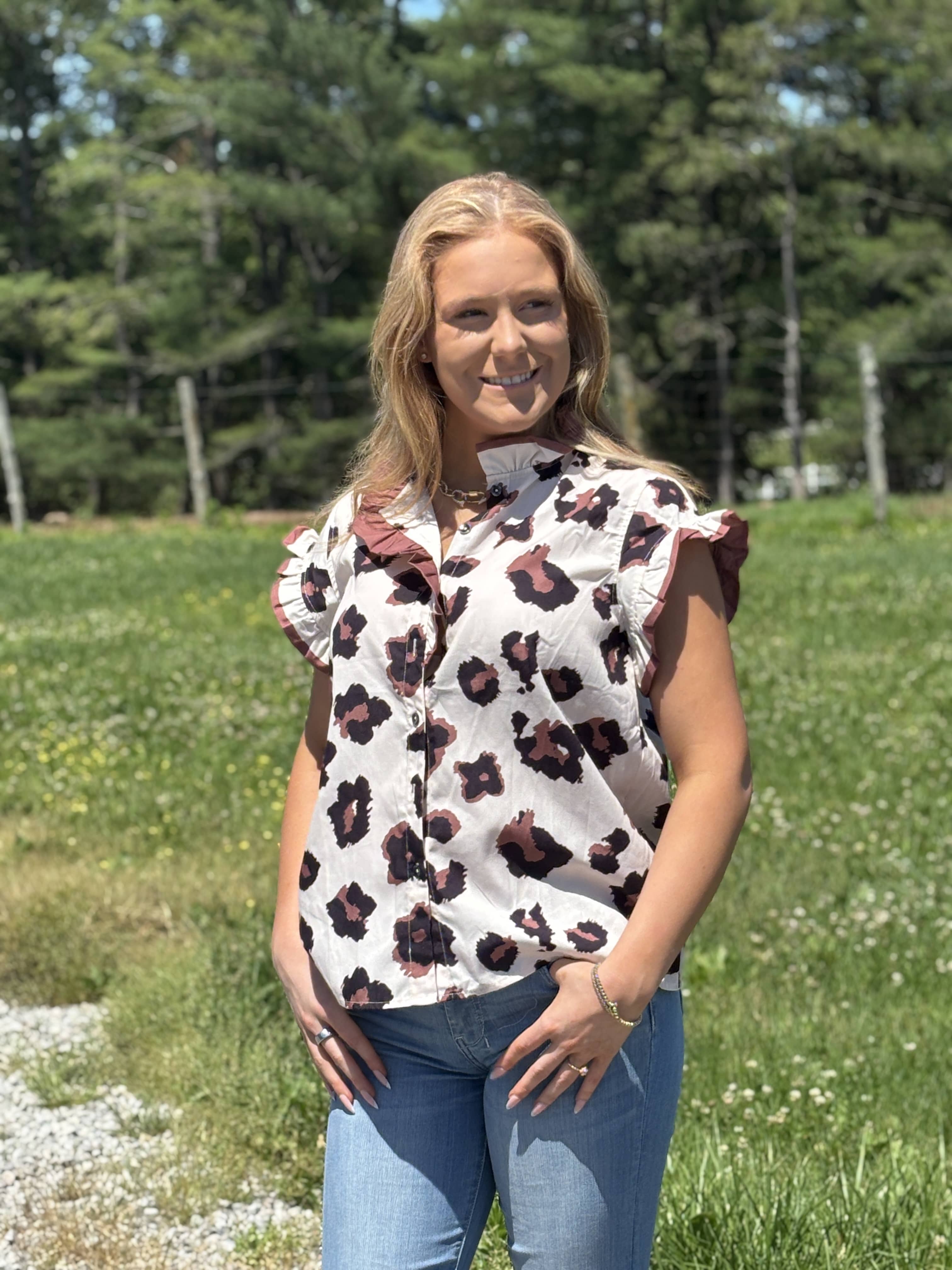Western Leopard Primal Poise Printed Ruffle Blouse - Image 2